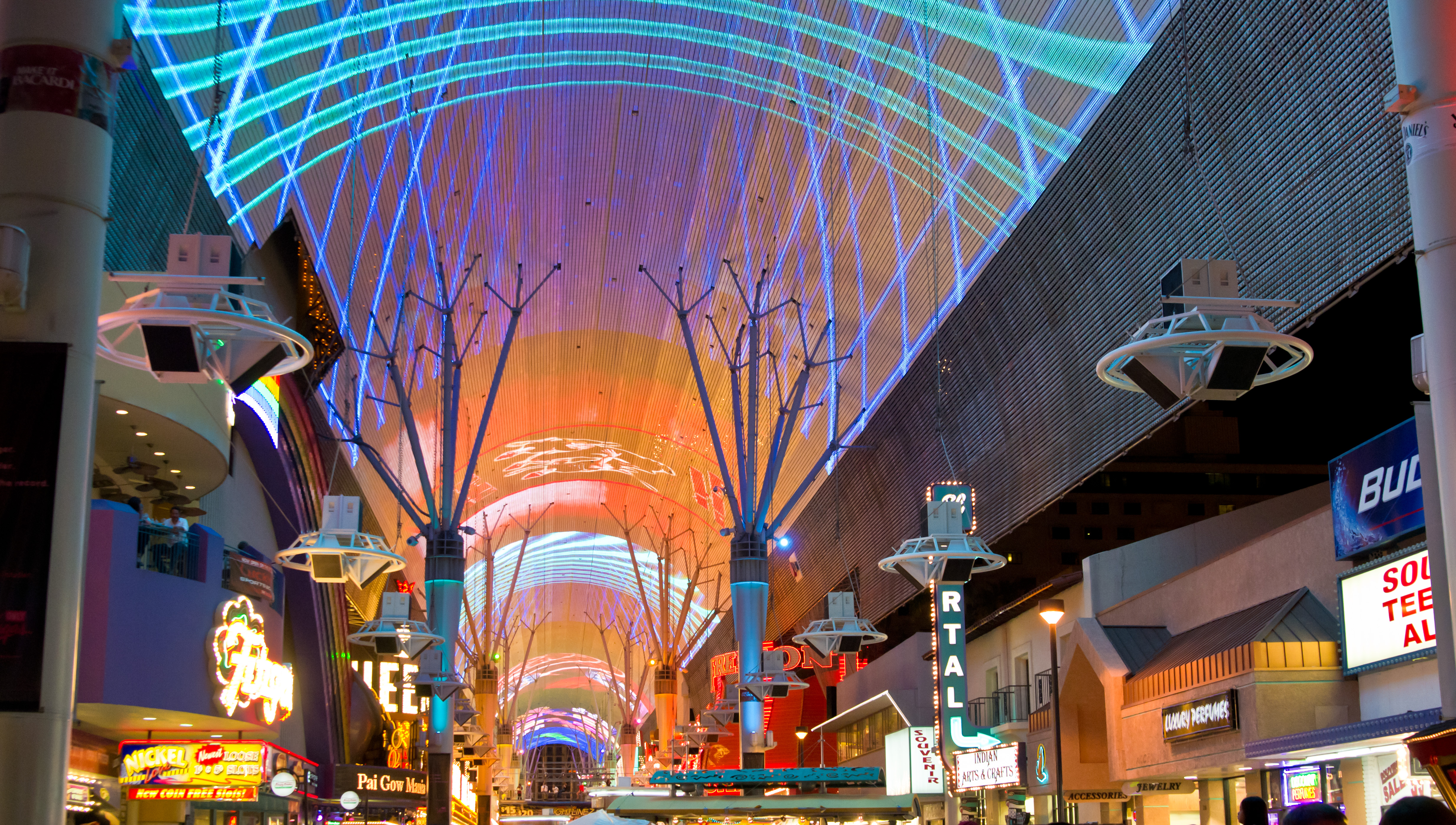 Fremont Street Experience canopy and signs at night, photographed on 24 April 2011.